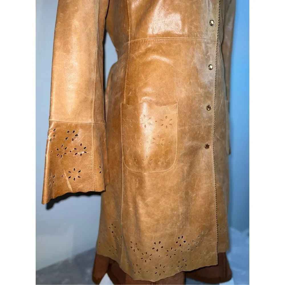 Wilsons Leather Duster Caramel Tan Trench Eyelet 70s Pearl Snaps Coat - Picture 5 of 12
